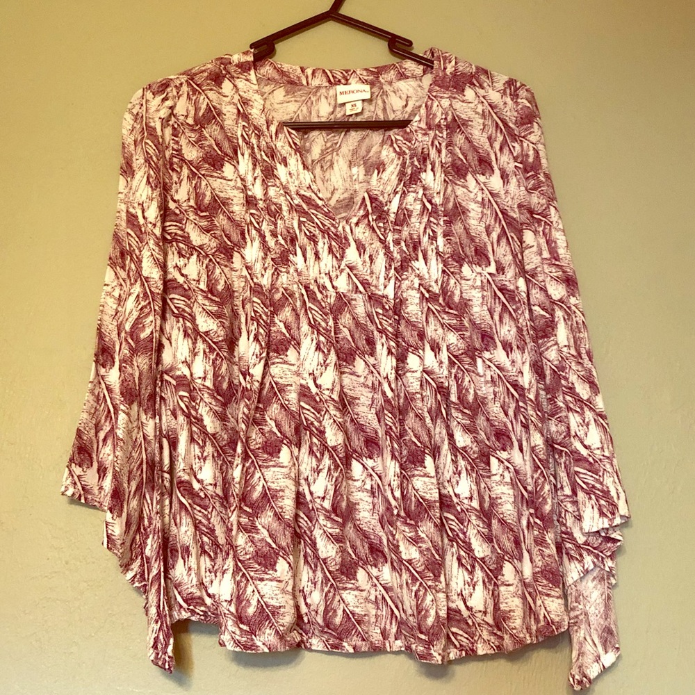 Boho Chic Feather Pattern Blouse w/ Bell Sleeves